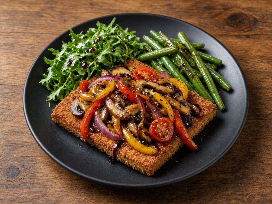 Tofu cutlet with mushrooms, peppers, onions and balsamic