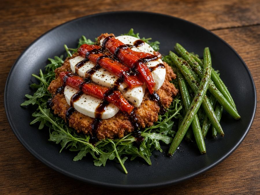 Cutlet with fresh mozzarella, roasted peppers and balsamic over arugula
