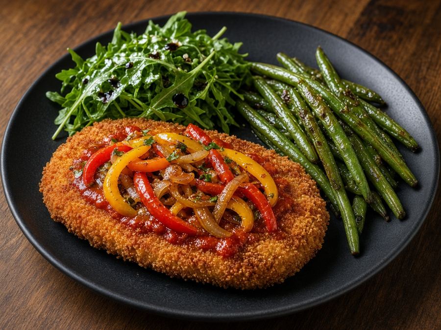Tofu cutlet with peppers, onions and red sauce